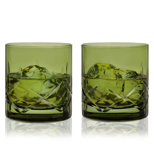 Viski Admiral Cut Crystal Rocks Glasses in Green