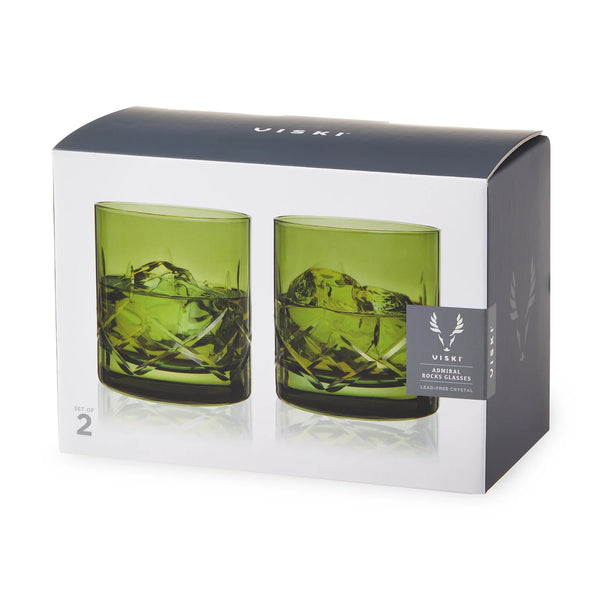 Viski Admiral Cut Crystal Rocks Glasses in Green