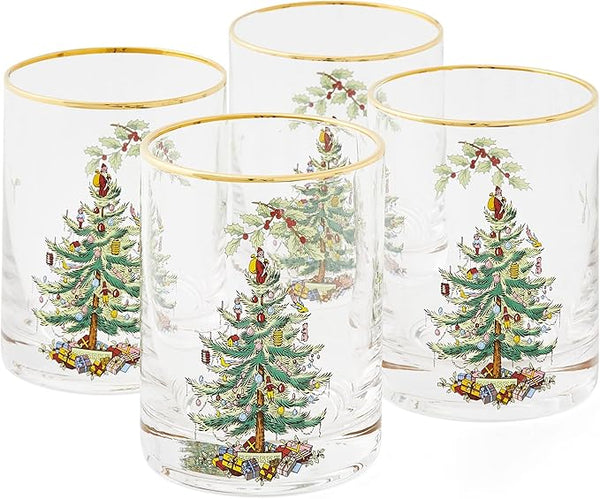 Christmas Tree Double Old Fashion Glasses Set of 4