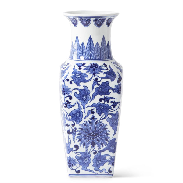 14 Inch Blue & White Chinoiserie Square Vase