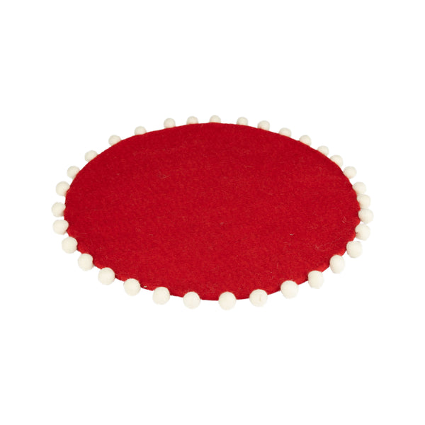 Red Felt Trivet with White Pompoms
