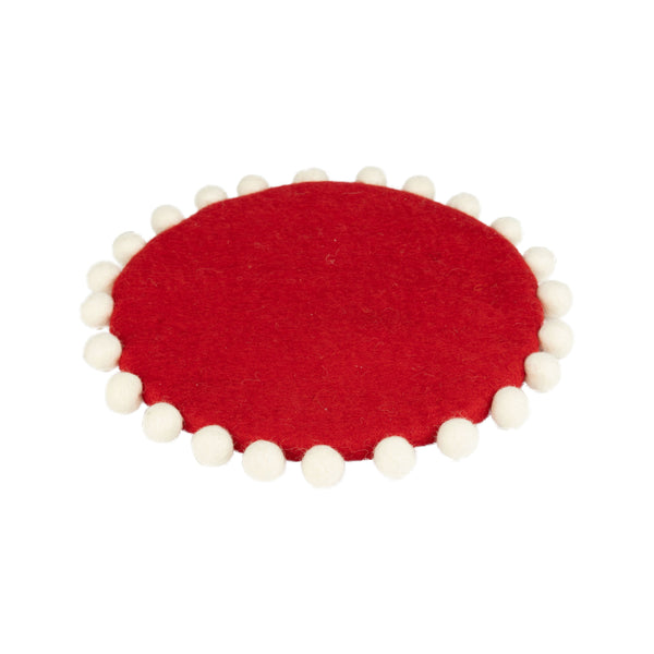 Red Felt Trivet with White Pompoms