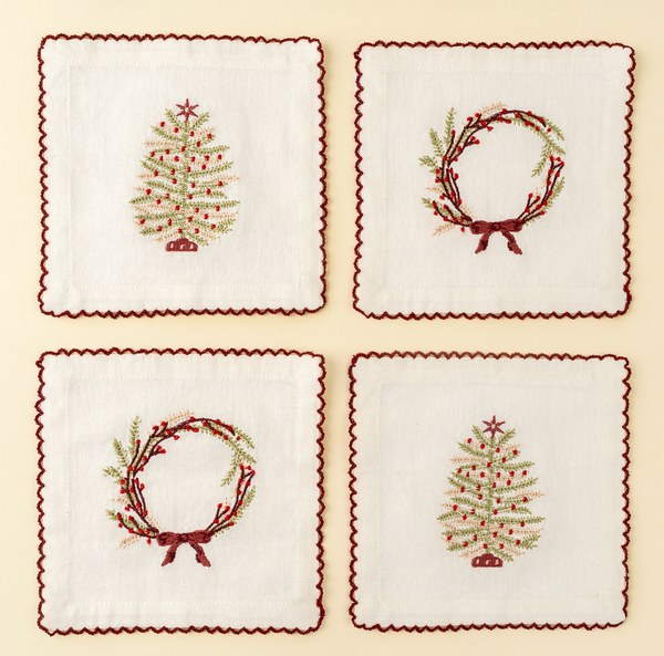 Embroidered Holiday Cocktail Napkins, Set of 4