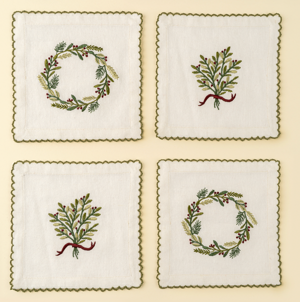 Embroidered Holiday Cocktail Napkins, Set of 4