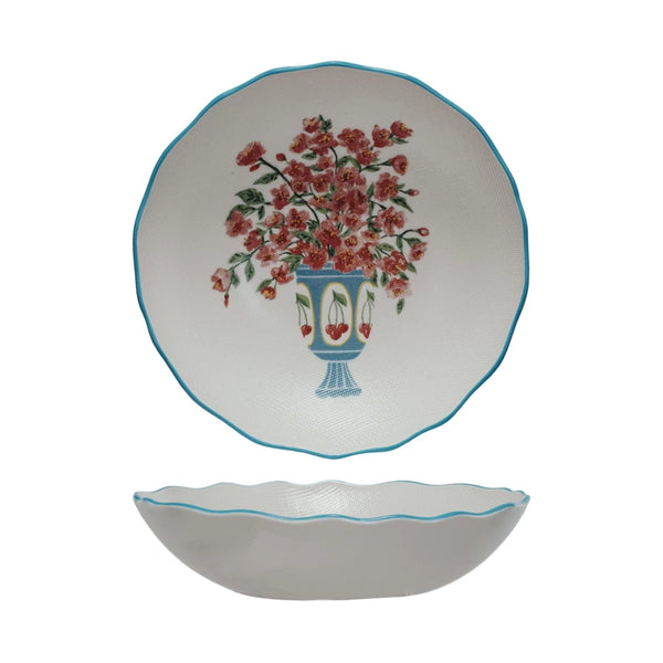 Textured Stoneware Salad Bowl with Flowers in Vase
