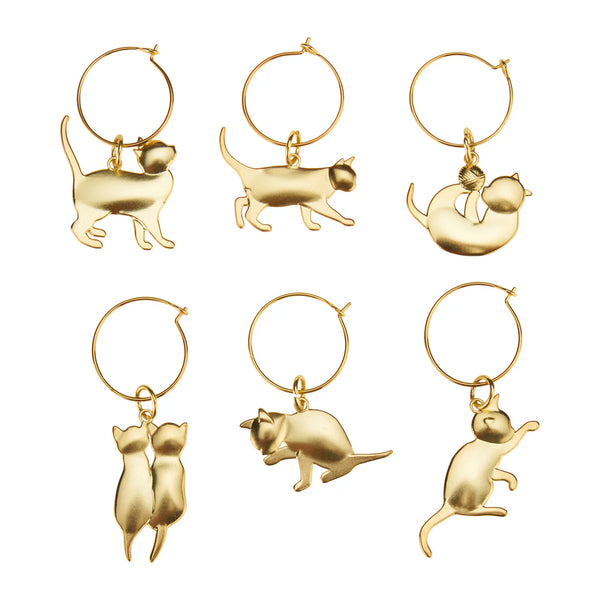 Gold Cat Wine Charms Set of 6